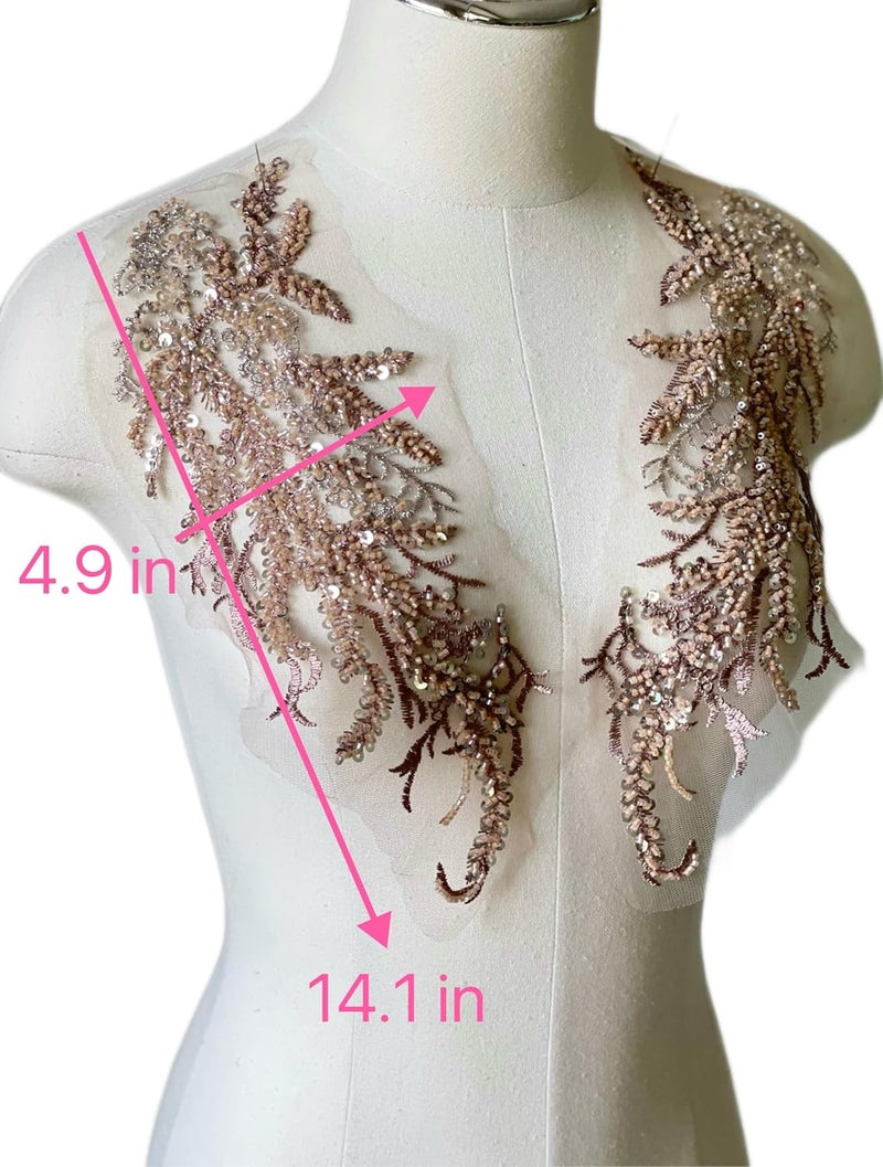 JRYYR Beaded Lace Applique, Flower Sequin Patch,Champagne Applique for DIY Neckline Wedding Bridal Prom Dresses Costumes 14.1x4.9 inches 1 Pair (Champagne) - Image 3